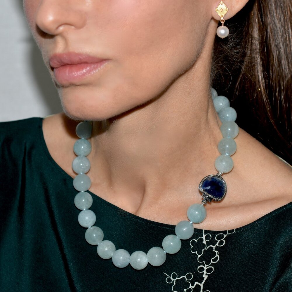 Blue Sapphire & Diamond Aquamarine Knotted Sterling Silver OOAK Necklace